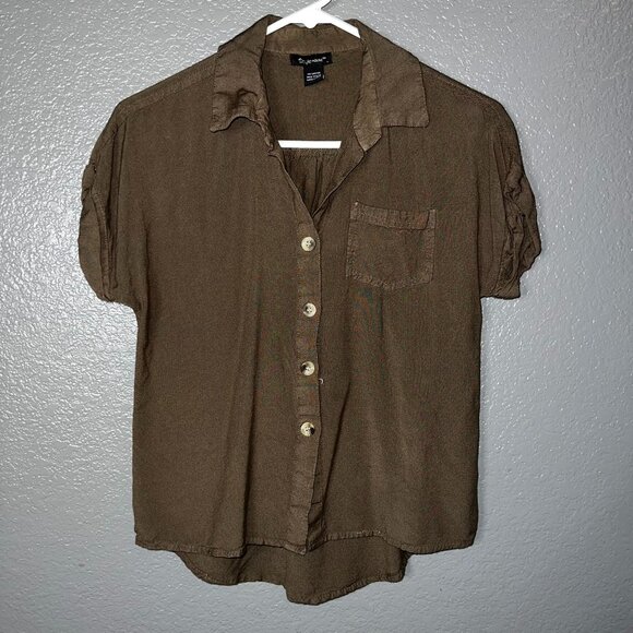 Style House Brown Button Front Short Sleeve Blouse – Collared Rayon Shirt – Boxy - Picture 1 of 4